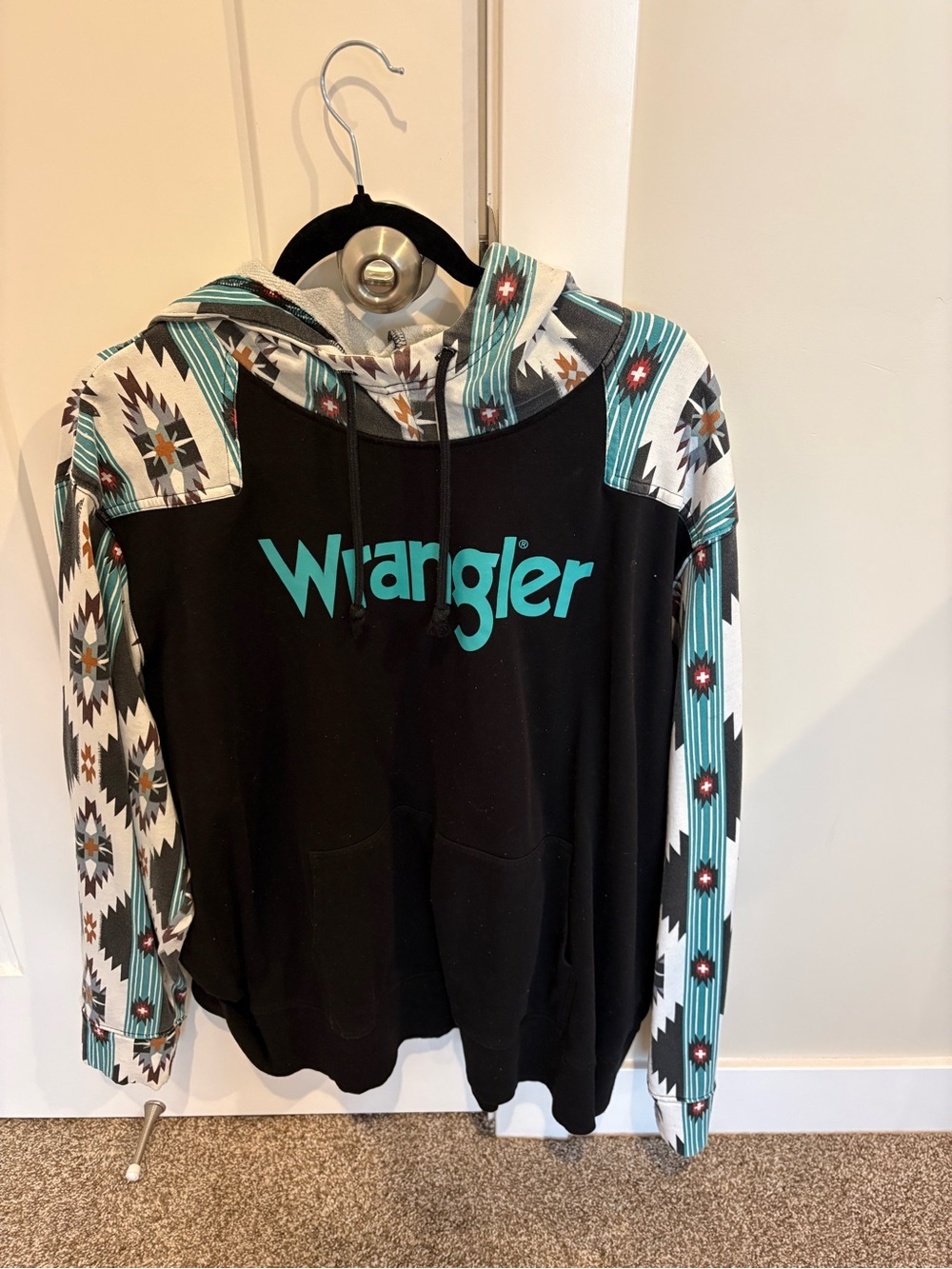 Wrangler Retro Hoodie in Black and White with Patterned Trim